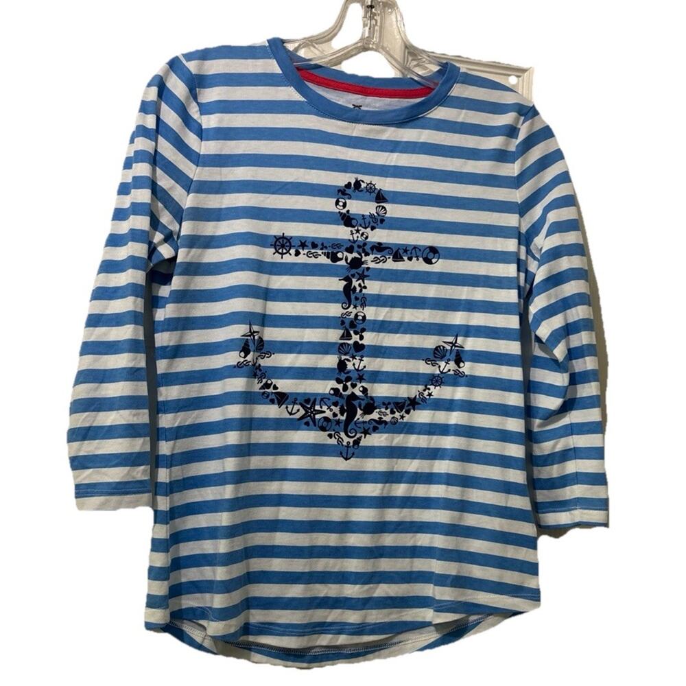 Talbots Petites Anchor & Stripe Top Size P/XS Blue White Pima Cotton 3/4 Sleeve